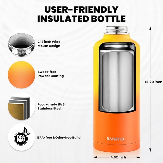 Insulated Water Bottle 87 oz, Triple Wall Vacuum Stainless Steel (Cold for 48 Hrs), Leak Proof & Non-BPA, Modern Water Flask Jug with Paracord Handle & Straw Spout Lids, Ombre Orange-FlexoryFit