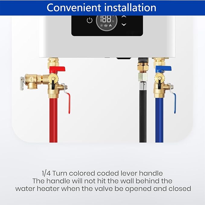 Long Term 3/4 Inch IPS Isolator Tankless Water Heater Service Valve Kit, with Pressure Relief Valve, Clean Brass Construction, PTFE Thread Tape