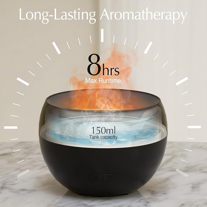 SALKING 2 Pack Flame Essential Oil Diffusers for Home, 150ml Fire Ultrasonic Diffusers for Essential Oils, Aromatherapy Diffuser with Auto-Off Function for Home, Office, Bedroom, Gift (White & Black)