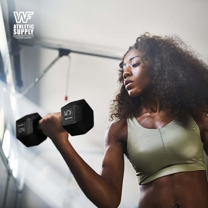 WF Athletic Supply Cast Iron Solid Hexagon Gray/Black Dumbbells, Strength Training Free Weights Set of 2 for Women and Men, Hand Weights Sold by Pairs, Multi-Select Size Options Available-FlexoryFit