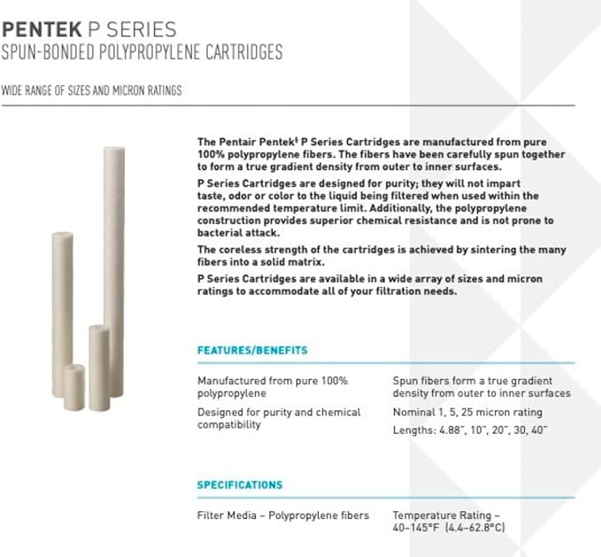 Pentair Pentek P1 Sediment Water Filter, 10-Inch, Under Sink Spun-Bonded Polypropylene Replacement Cartridge, 10" x 2.5", 1 Micron