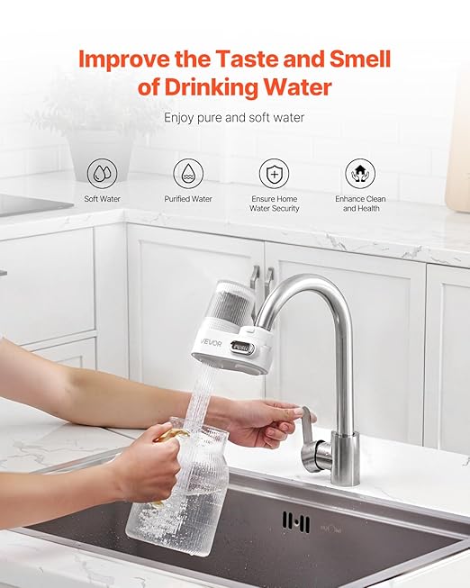 VEVOR Faucet Mount Water Filter, Vertical Water Purifier for Sink Tap, NSF Certified Carbon Fiber Filter, Removes Chlorine Lead with 3 Filters, Fits Most Kitchen or Bathroom Faucets, White
