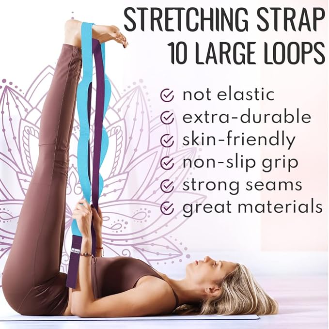 TECEUM Stretching Strap for Yoga & Physical Therapy – 10 Loops – Non-Elastic Leg Stretch Straps for Stretching, Exercising, Pilates, Post-Injury Rehabilitation for All Levels – Men & Women-FlexoryFit