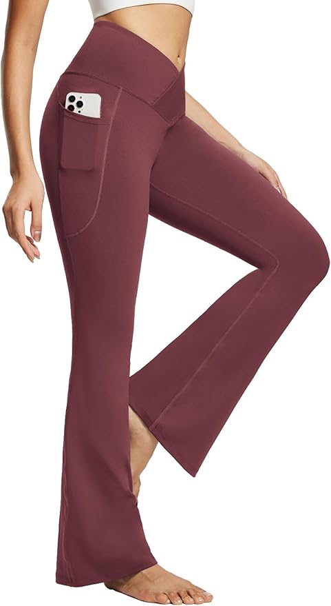 baleaf Women's V Crossover Flare Leggings with Pockets Yoga Pants High Waist Casual Workout Gym Bell Bottom Leggings-FlexoryFit