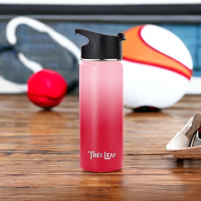 Travel Water Bottle with 3 Lids (Spout, Straw, Flip) Leak Proof, Quality, Vacuum Insulated, Stainless Steel (Blush, 18 oz)