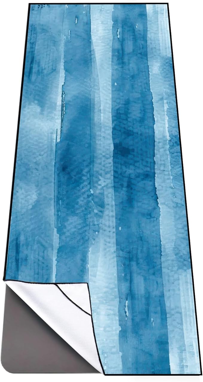 QiyI Yoga Mat Towel with Corner Pockets, Non Slip Sweat Absorbent Hot Yoga Towels, Soft Yoga Blankets with Travel Bag, Skidless Mat Cover for Workout, Gym, Fitness - 70"x26", Blue Tie Dye-FlexoryFit
