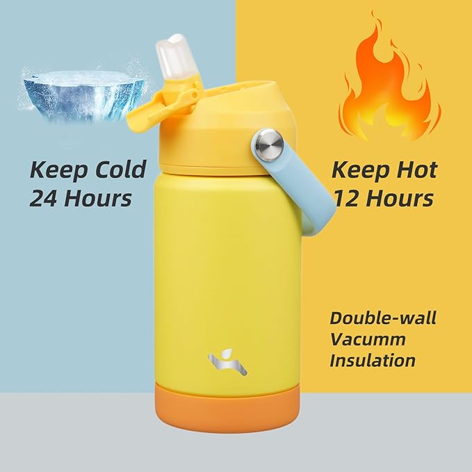 Insulated Water Bottle with Straw Lid,12 oz Stainless Steel Vacuum Metal Bottle with Silicone Handle,Yellow-FlexoryFit
