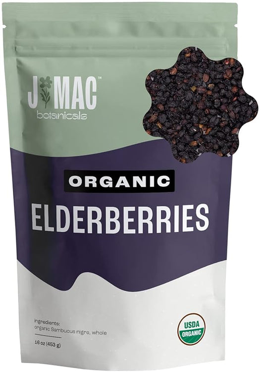 J Mac Botanicals Certified USDA - 100% Organic Dried Elderberries - 1lb Bulk - Non-Irradiated, Non-GMO, Whole Black Elderberry Immune Support - Raw Vegan Sambucus 1 Pound-FlexoryFit