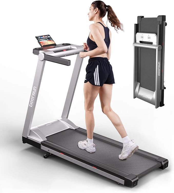 DeerRun Treadmills for Home with Incline and Handles, 3.5 HP Foldable Treadmill 350 LBS Weight Capacity for Small Spaces, Folding Running Machine with Smart APP-FlexoryFit
