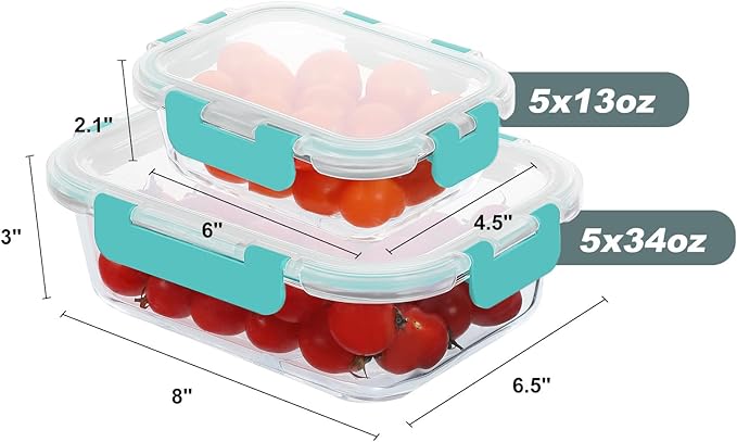 10 Pack Glass Food Storage Containers, Meal Prep Containers with Lids, Airtight Glass Lunch Boxes, Freezer, Oven, and Microwave Safe, Green-FlexoryFit
