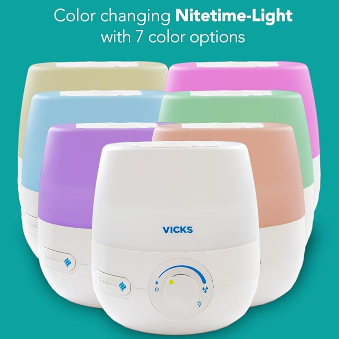 Vicks NaturalCare Cool Mist Ultrasonic Humidifier (VUL530), White, Small Room – Humidifier and Diffuser with Nighttime Light, Works with Vicks VapoPads
