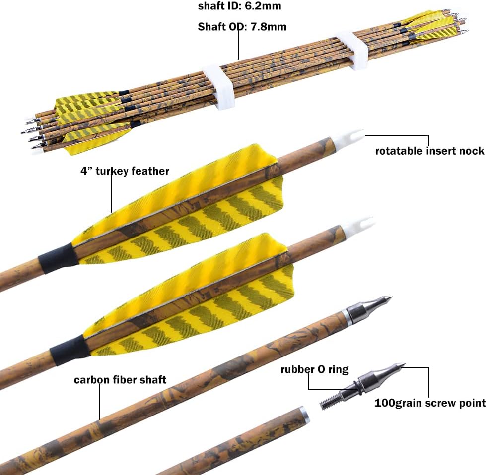 ZSHJGJR 30” Archery Carbon Arrows Hunting Arrows with 4” Turkey Feather Removable Tips Targeting Practice Arrows 500 Spine for Compound & Recurve & Traditional Bow 6/12pcs