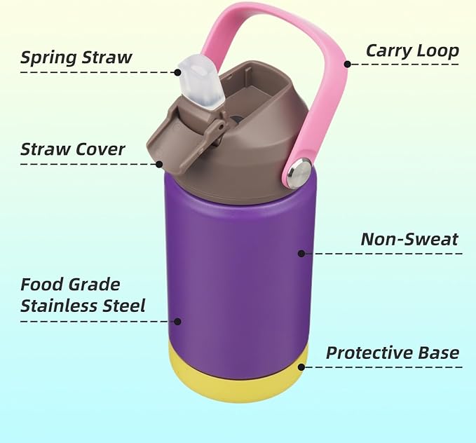 Insulated Water Bottle with Straw Lid,12 oz Stainless Steel Vacuum Metal Bottle with Silicone Handle,Violets-FlexoryFit