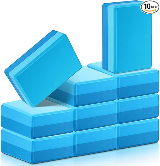 Liliful 10 Pcs Yoga Blocks Bulk Eva Foam Exercise Yoga Brick Soft Non Slip Surface Foam Blocks High Density Yoga Accessories for Workout Stability Balance Deepen Stretches Pilates 9''x6''x3''(Blue)-FlexoryFit