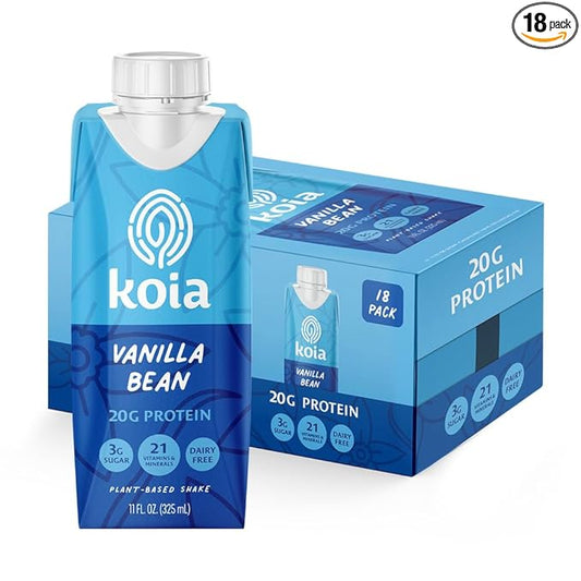 Koia Plant Based Protein Shake, Vanilla Bean, 20g Protein, 3g Sugar, 6g Prebiotic Fiber, 21 Vitamins & Minerals, Meal Replacement Drinks, Dairy-Free, Gluten-Free, Non-GMO, 11 Fl Oz (Pack of 18)-FlexoryFit