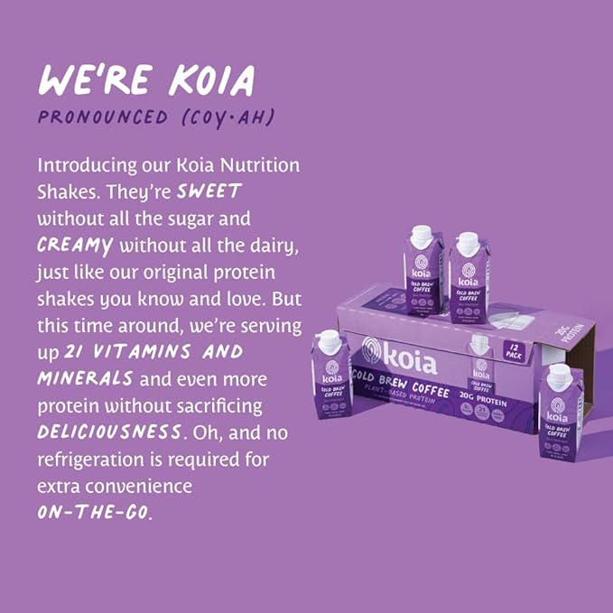 Koia Plant Based Protein Shake, Cold Brew Coffee, 20g Protein, 3g Sugar, 6g Prebiotic Fiber, 21 Vitamins & Minerals, Meal Replacement Drinks, Dairy-Free, Gluten-Free, Non-GMO, 11 Fl Oz (Pack of 12)-FlexoryFit