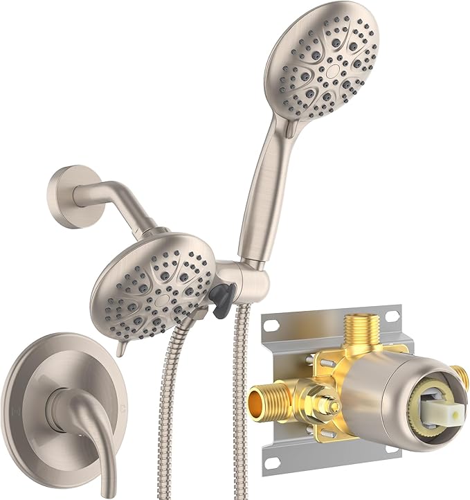 SR SUN RISE Shower System with Handheld Shower and Rain Shower Combo Set High Pressure 5-spray Dual 2 in 1 Shower Faucet Patented 3-way Diverter Brushed Nickel (Valve Include）