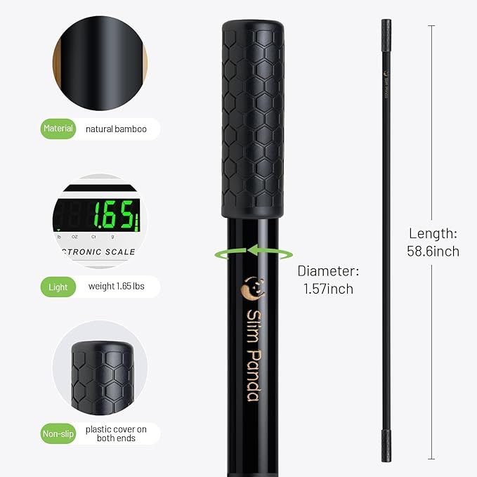 Slim Panda Yoga Stick, 5ft Natural Bamboo Stick with Rubber Ends, Exercise Stretching Stick for Yoga, Stretching, Balance and Correcting Posture, Rehabilitation Physical Therapy Aids-FlexoryFit