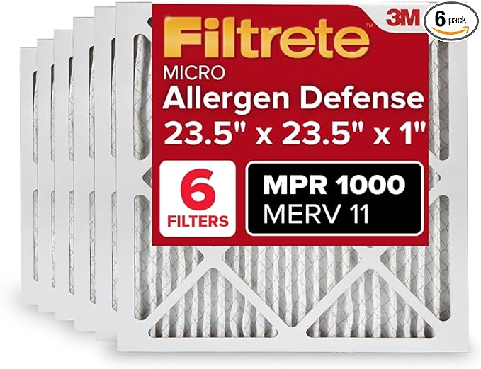 Filtrete 23.5x23.5x1 AC Furnace Air Filter, MERV 11, MPR 1000, Micro Allergen Defense, 3-Month Pleated 1-Inch Electrostatic Air Cleaning Filter, 6 Pack (Actual Size Pack 23.188x23.188x0.81 in)