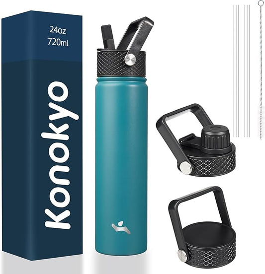 Insulated Water Bottle 24oz Stainless Steel Sport Bottles with 3 Lids,Light Blue-FlexoryFit