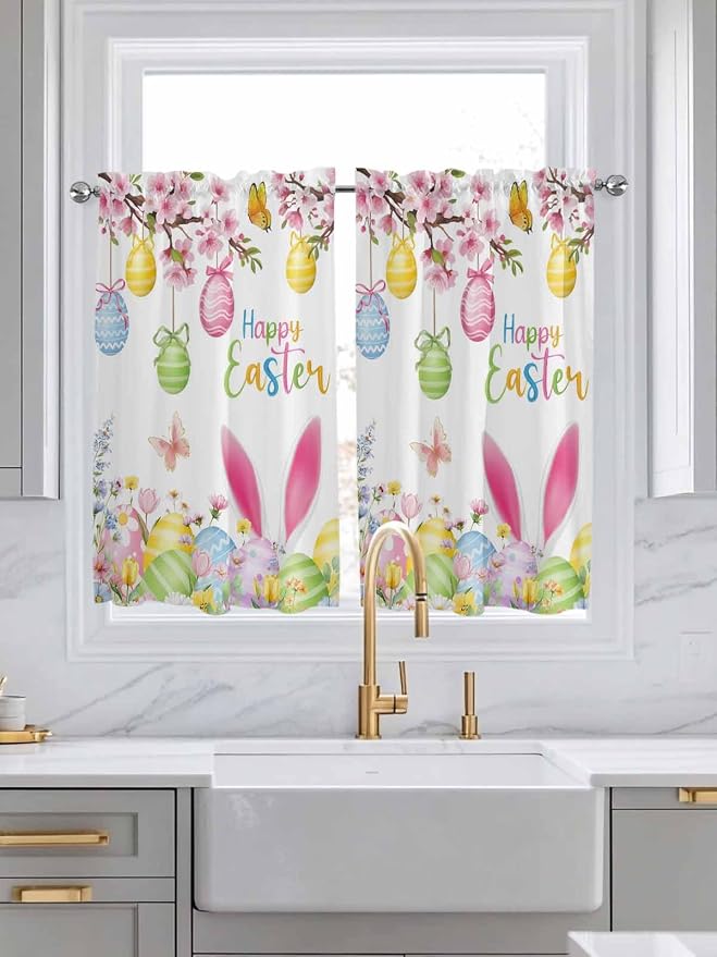 Happy Easter Kitchen Curtains 54 Inches Length, Spring Watercolor Bunny Eggs - Image 3