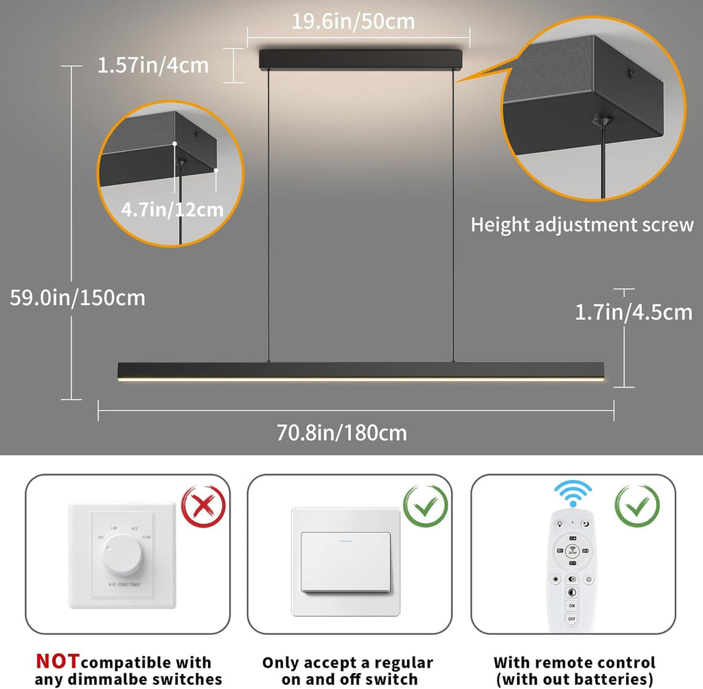 Modern Island Lights, 70.8in LED Pendant Light Dimmable with Remote Control 3000k-6000K Adjustable Color Temperature, Aluminum Chandelier Lamp Fixture for Kitchen, Dining Room, Billiard Room