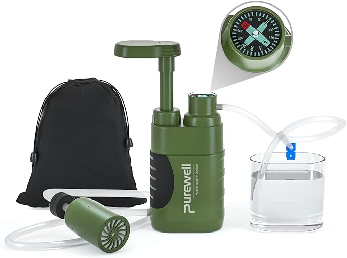 Purewell Water Purifier Pump with Replaceable Carbon 0.01 Micron Water Filter, 4 Filter Stages, Portable Outdoor Emergency and Survival Gear - Camping, Hiking, Backpacking