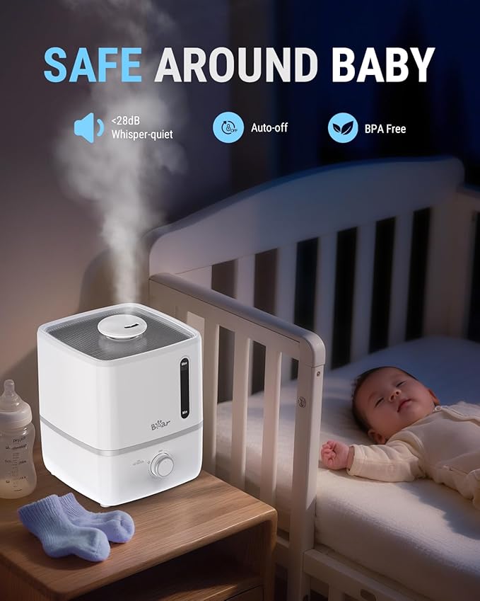 Bear Humidifiers for Bedroom, 3L Cool Mist Humidifiers and Oil Diffuser, Quiet Rapid humidifiers for Home Whole House, with Adjustable Mist Output and Auto Shut-off, White
