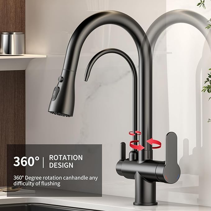 Kitchen Sink Faucet with Pull - Down Sprayer, 2 - Handle 3 - in - 1 Kitchen Sink Filter Faucet, Cold and Hot Mixer Drinking Water Faucet (Black-02)