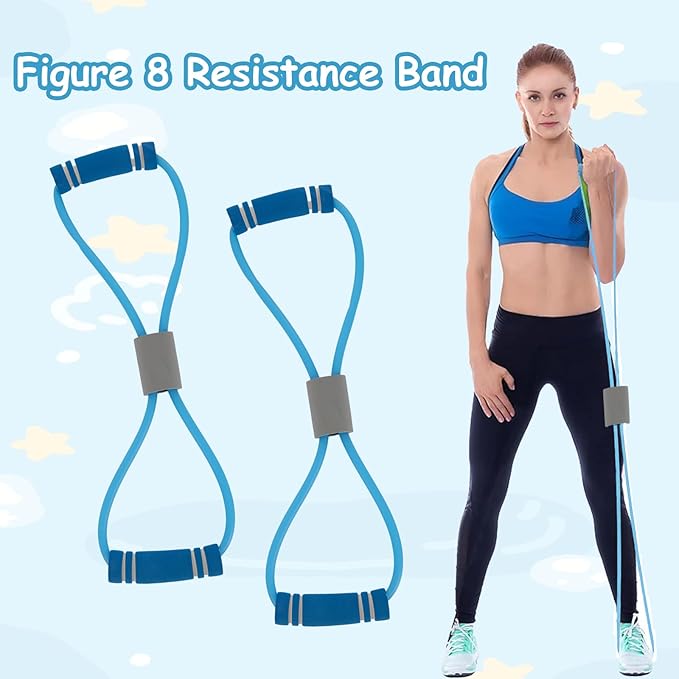2 Pcs Figure 8 Resistance Band, Resistance Band with Handles, Suitable for Full Body Exercise, Strength Training, Flexibility, Exercise Elastic Rope, Suitable for Home, Gym (Blue)-FlexoryFit