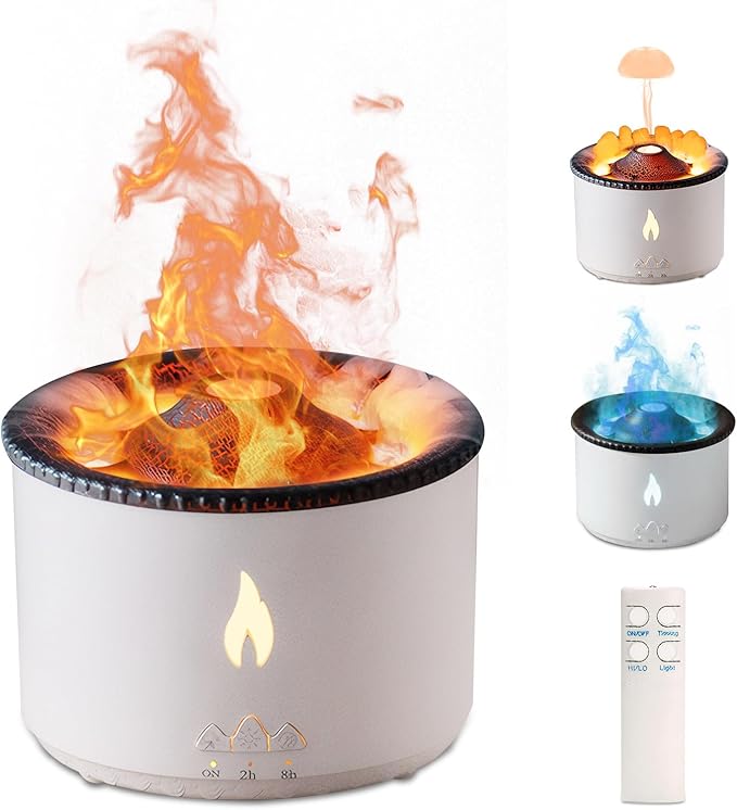 Volcano Humidifier Flame Aroma Diffuser: 300ml Aromatherapy Humidifier Jellyfish/Flame 2 Mist Mode Air Humidifier Remote Control Super Quiet Oil Cold Mist Diffuser for Gym(Double Color Flame)