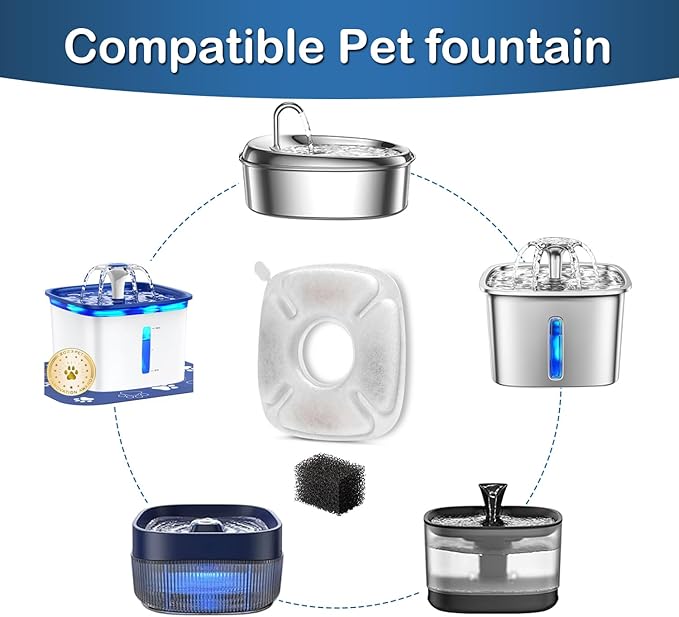 Cat Water Fountain Filter,Pet Fountain Filters Replacement Filters Compatible with Veken 95oz/2.8L Pet Water Fountain,Contains 4 Cat Fountain Filter Replacement and 4 Sponges