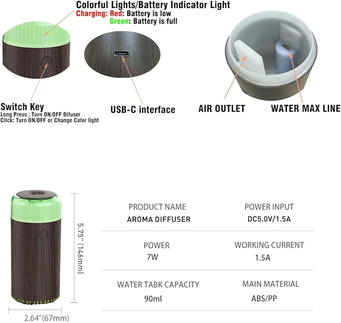 Unee Upgrade Car Diffuser,90ml USB Rechargeable Aroma Essential Oil Aromatherapy Humidifier Diffuser(Built-in Battery Dark Grey Wood Grain)