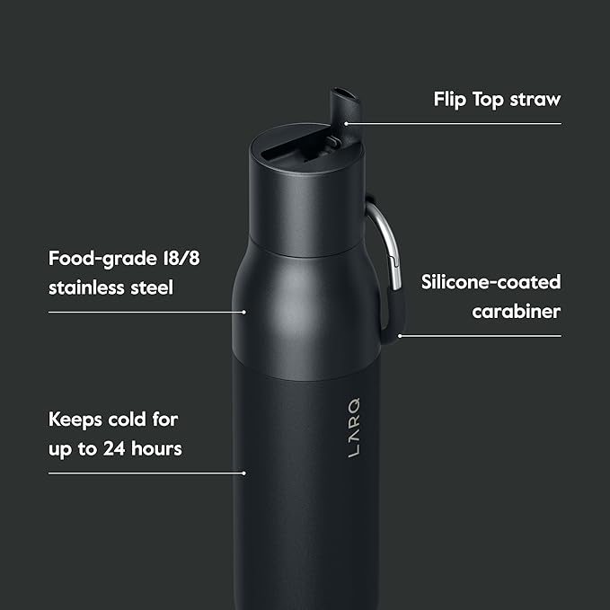 LARQ Bottle Flip Top 25 oz - Insulated Reusable Stainless Steel Water Bottle With Straw | BPA Free | For Sports, Gym, and Travel | Keep Drinks Cold for 24 Hours | Obsidian Black