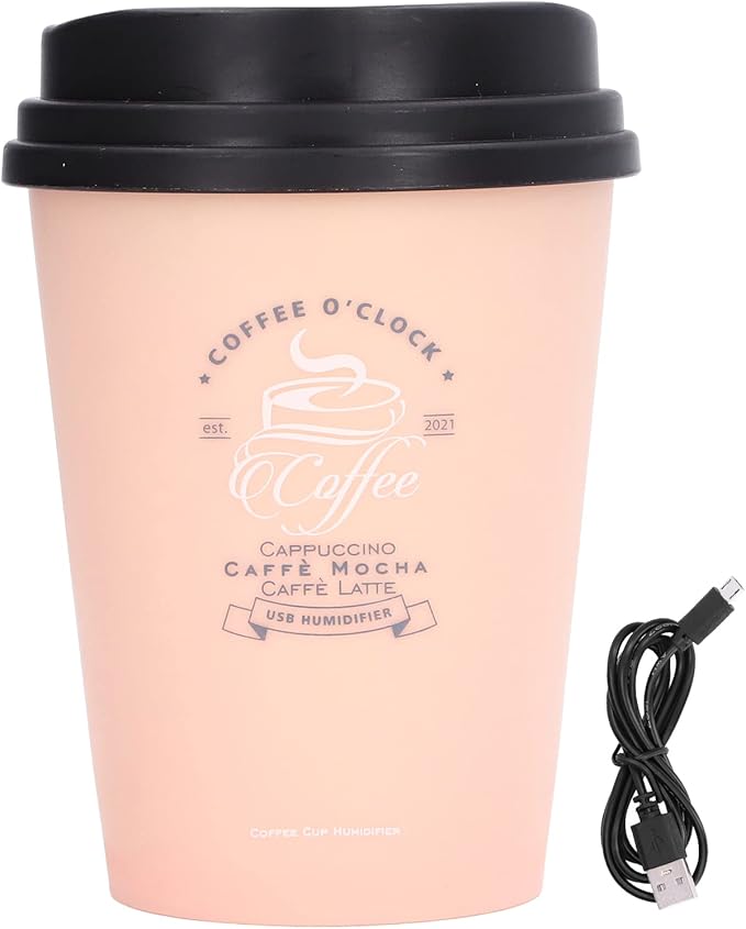 Mini Humidifier, USB 300ml Coffee Cup Low Noise Auto Off Desk Humidifier, Car Humidifier Diffuser, Small Humidifier, Portable Humidifier for Travel, Cute Humidifiers for Bedroom Home Office(Pink)