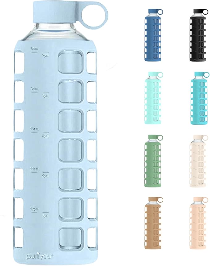 purifyou 40oz / 32oz / 22oz / 12oz Borosilicate Glass Water Bottle with Time & Volume Markers, Silicone Sleeve, Stainless Steel Lid | Reusable Glass Bottle for Water & Juice (40oz Ice Blue)