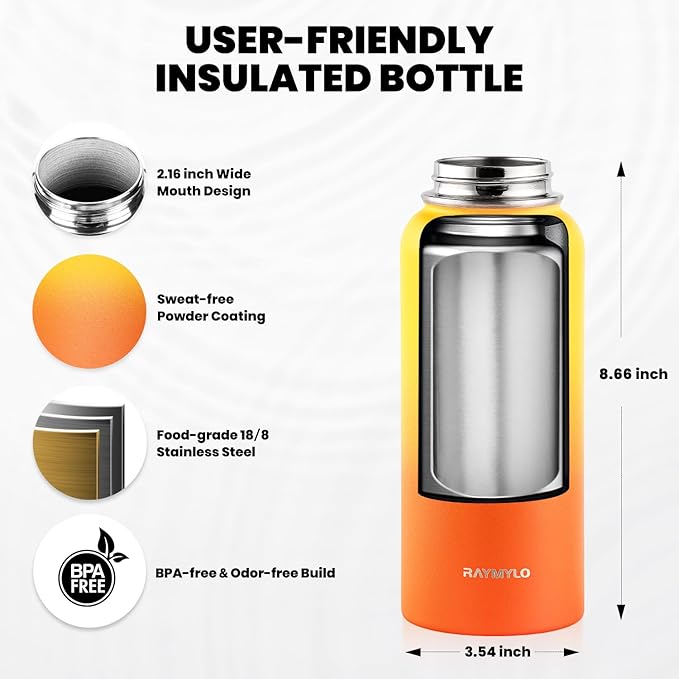 Insulated Water Bottle 32 oz, Triple Wall Vacuum Stainless Steel (Cold for 48 Hrs), Leak Proof & Non-BPA, Modern Water Flask Jug with Paracord Handle & Straw Spout Lids, Ombre Orange-FlexoryFit