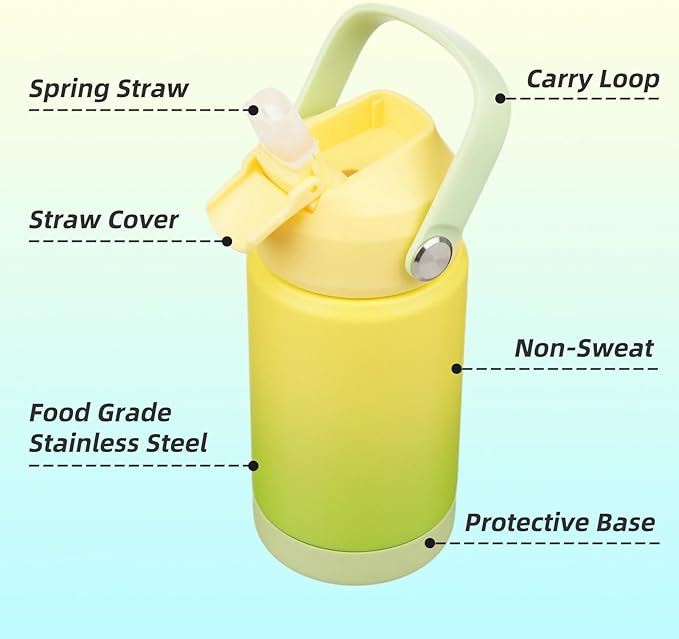 Insulated Water Bottle with Straw Lid,12 oz Stainless Steel Vacuum Metal Bottle with Silicone Handle,Lime-FlexoryFit