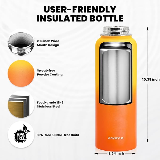 Insulated Water Bottle 40 oz, Triple Wall Vacuum Stainless Steel (Cold for 48 Hrs), Leak Proof & Non-BPA, Modern Water Flask Jug with Paracord Handle & Straw Spout Lids, Ombre Orange-FlexoryFit