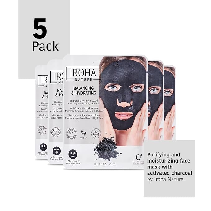 IROHA NATURE Face Masks - Packs for Better Skin (Pack of 5, Rebalancing & Hydrating Tissue Face Mask with Charcoal & Hyaluronic Acid)-FlexoryFit