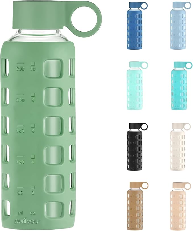 purifyou 40oz / 32oz / 22oz / 12oz Borosilicate Glass Water Bottle with Time & Volume Markers, Silicone Sleeve, Stainless Steel Lid | Reusable Glass Bottle for Water & Juice (12oz Shale Green)