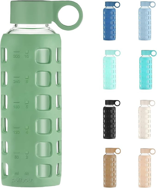 purifyou 40oz / 32oz / 22oz / 12oz Borosilicate Glass Water Bottle with Time & Volume Markers, Silicone Sleeve, Stainless Steel Lid | Reusable Glass Bottle for Water & Juice (12oz Shale Green)