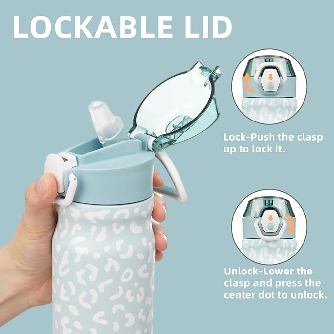 Insulated Water Bottle with Straw and Carry Loop,18 oz Stainless Steel Double Wall Vaccum Metal Water Flask with Leak-proof Lid,Light Blue Leopard-FlexoryFit