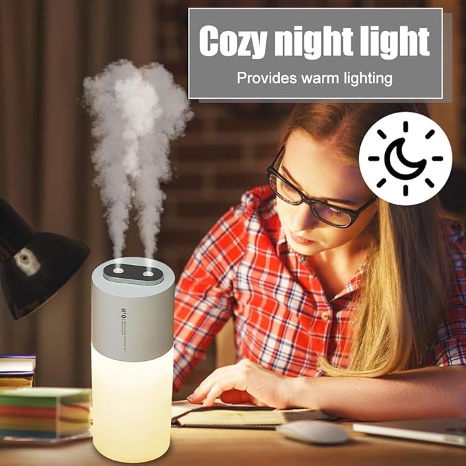 Mini Humidifier, 400ML Portable Air Diffuser with Night Light, Dual Spray Nozzles, 2 Mist Modes, Silent Car Humidifier for Office Home Bedroom