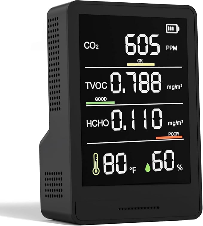 XOOPON 5 in 1 Professional Indoor Air Quality Monitor,C02 Monitor | Temperature | Humidity | TVOC, Formaldehyde Detector for Home,Office & Car, Battery Powered Portable Air Quality Tester