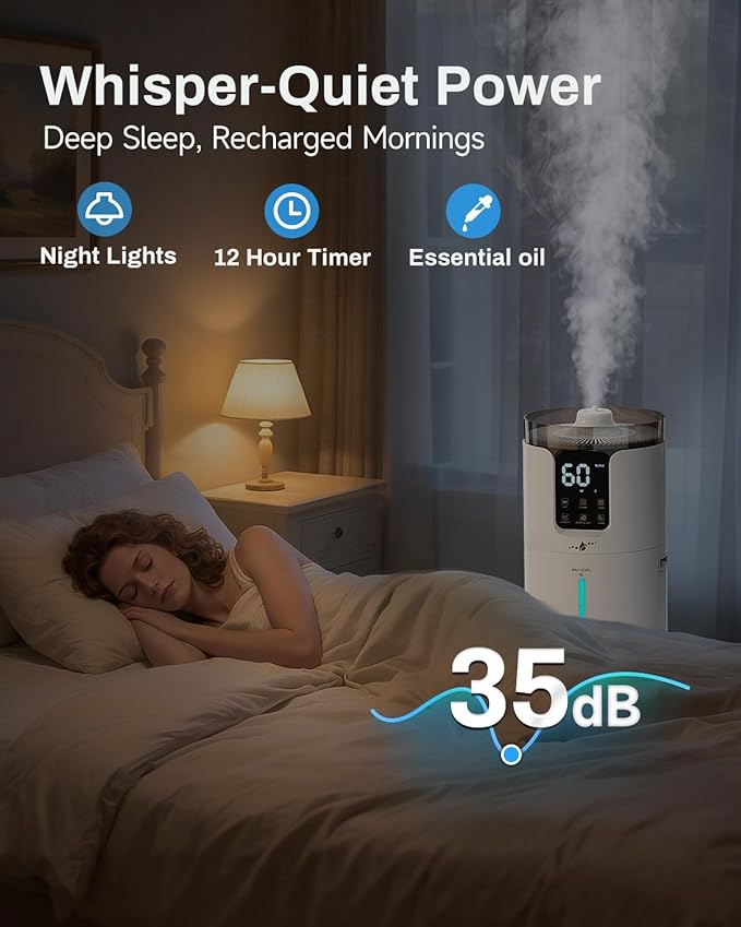 Humidifier Large Room, 4.2 Gal/16L Large Humidifier for 1500 sq.ft, 360° Nozzles Cool Mist Ultrasonic, Top Fill Tower Humidifiers for Bedroom Office Plant wholehouse with Extension Tube, Night Light