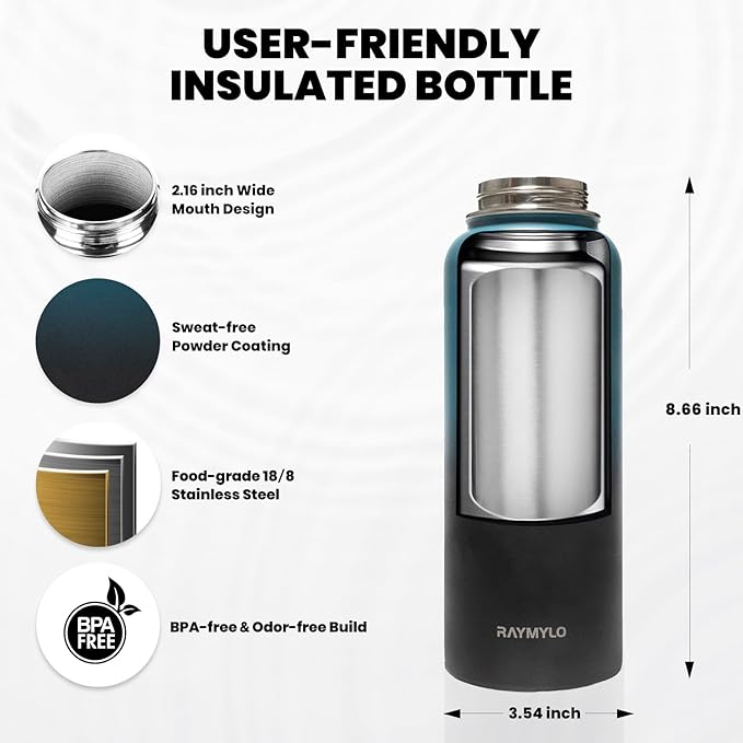Insulated Water Bottle 32 oz, Triple Wall Vacuum Stainless Steel (Cold for 48 Hrs, Hot for 24Hrs), Leak Proof & Non-BPA, 32oz Hydro Water Flask with Paracord Handle & Straw Spout Lids-FlexoryFit