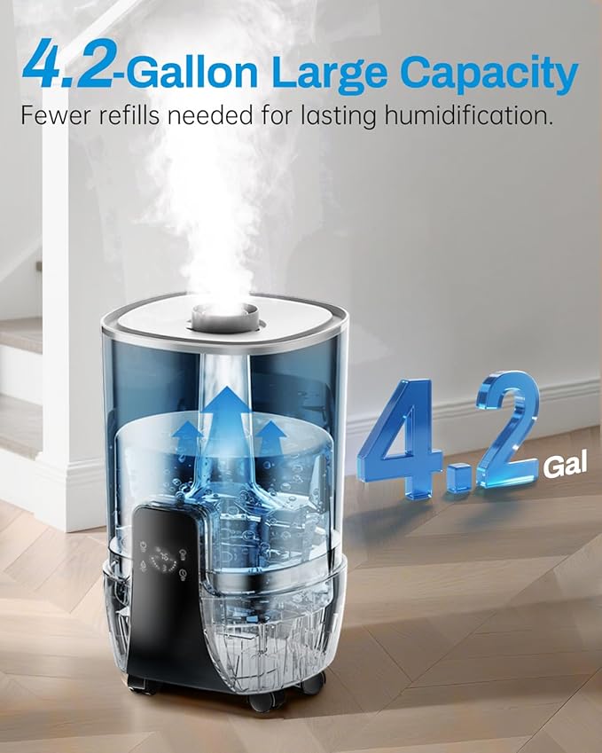 Humidifier Large Room, 4.2Gal/16L Cool Mist Humidifiers for Bedroom Home 2000 sq.ft,Top Fill, 3 Stainless Steel Atomizers,360°Nozzle Extension Tube, Commercial/Office/Plants/Whole House, White