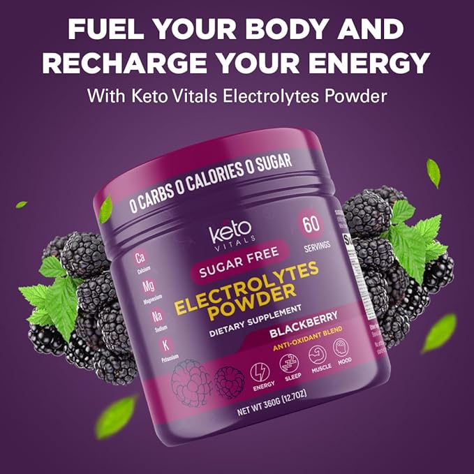 Keto Vitals Antioxidant Electrolytes Powder - Blend Keto Electrolytes with Potassium, Magnesium, Sodium, & Calcium - No Sugar Electrolyte Drink Mix & Hydration Powder, 60 Servings, BlackBerry-FlexoryFit