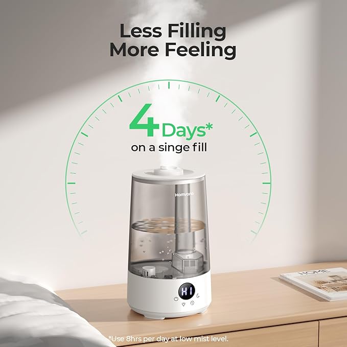 Homvana Humidifiers for Bedroom Home, 3.6 L Cool Mist Top-Fill 34H Super Long Time, Quiet 23dB, Baby Humidifier, Oil Diffuser for Large Room, Plants, Nursery, Office BPA FREE, 7 Color Light Ultrasonic